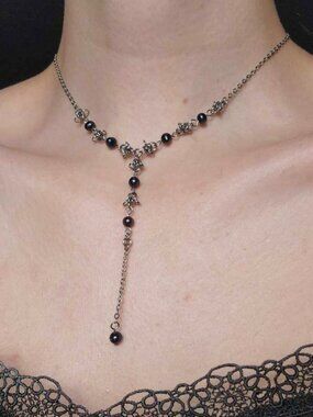 Gothic black pearl and silver rosary necklace